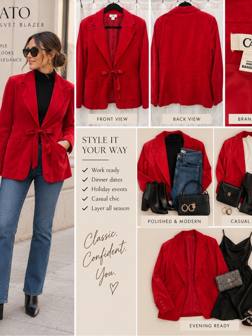Cato Red Velvet Tie-Waist Blazer Jacket